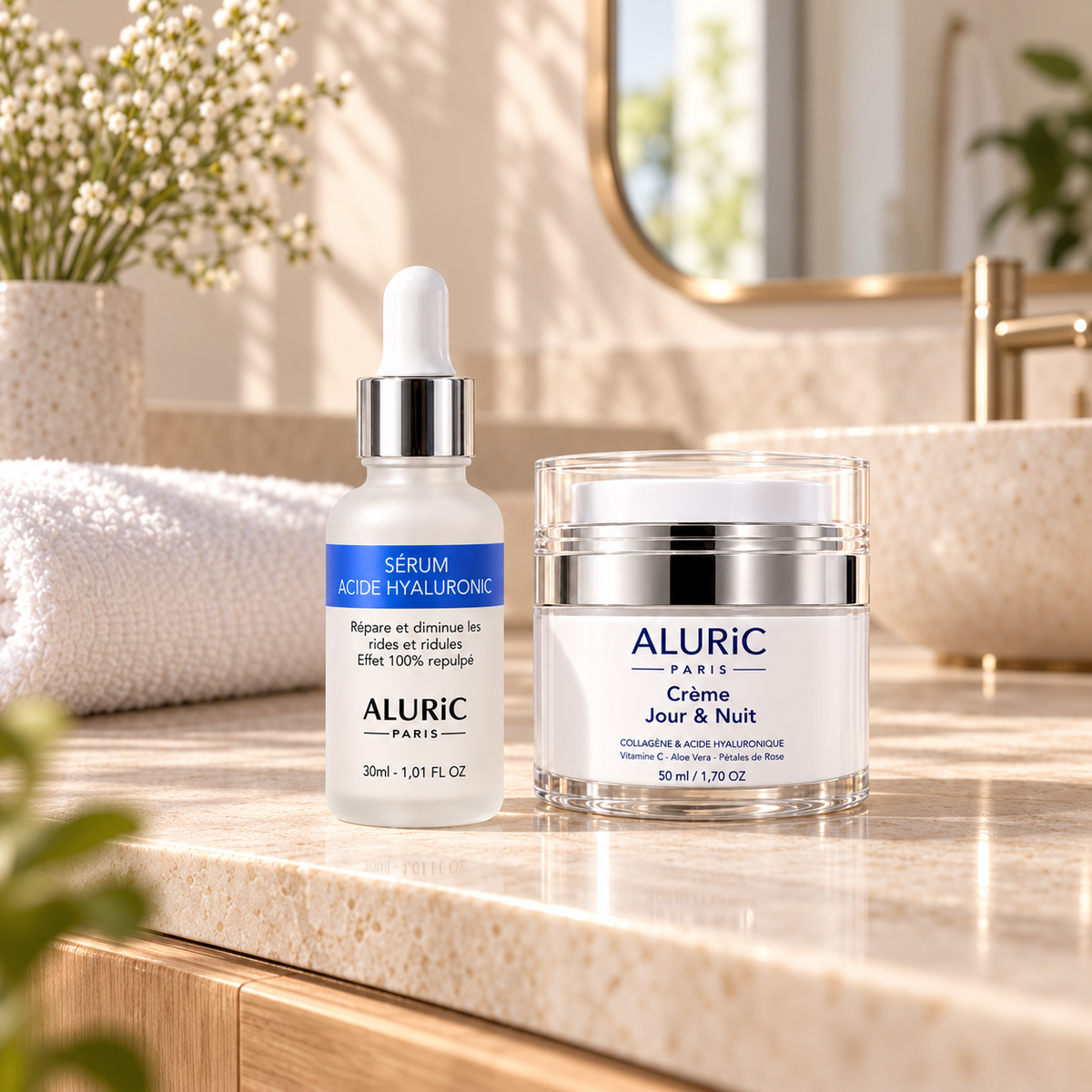 Routine visage hydratante Aluric Paris avec sérum anti-rides et crème jour et nuit
