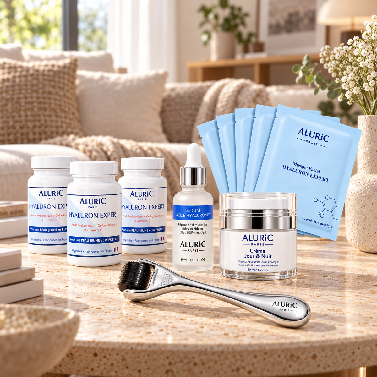 Cure anti-âge Aluric Paris avec sérum, dermaroller, crème, masques et collagène marin