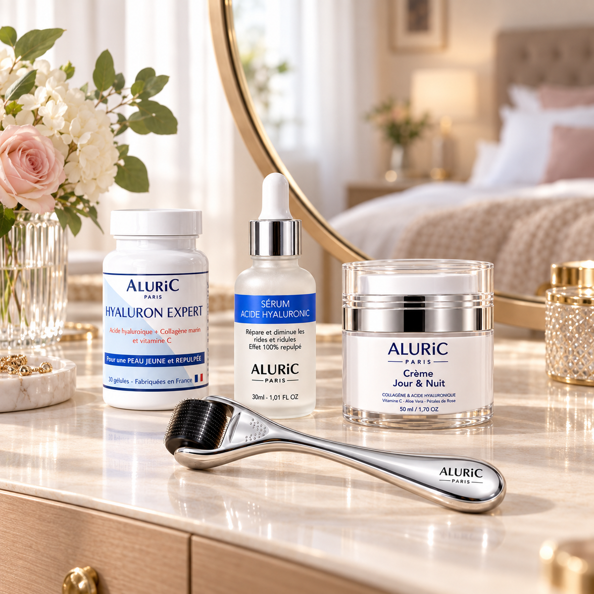 Rituel Repulpant et Fermeté Aluric Paris avec sérum, dermaroller, crème et gélules