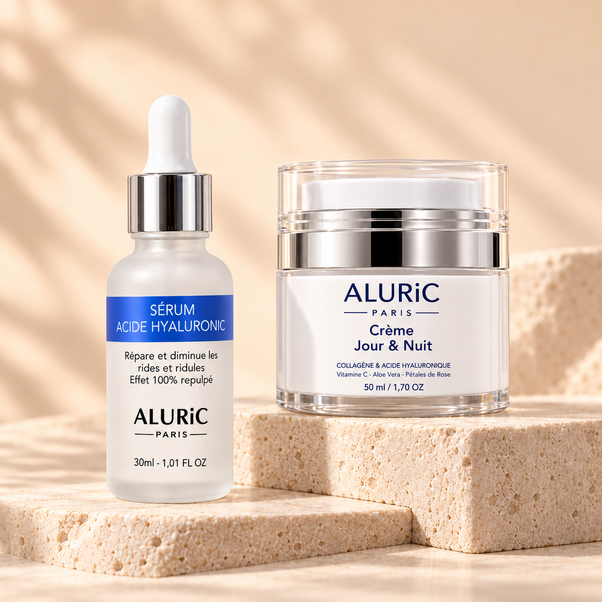 Rituel Éclat et Hydratation Aluric Paris avec sérum à l’acide hyaluronique et crème jour et nuit